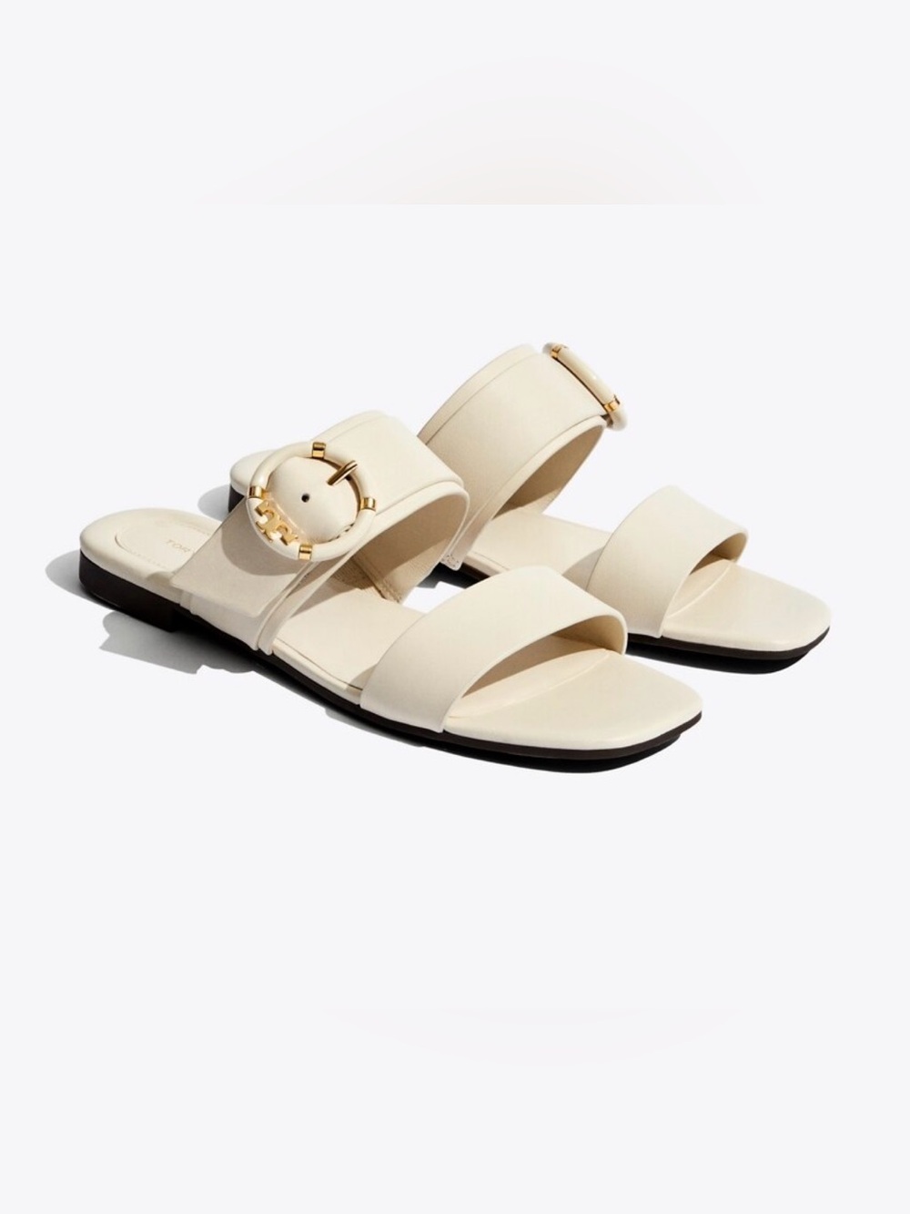 Tory Burch Cream Double-Strap Slide Sandals with Gold Buckles